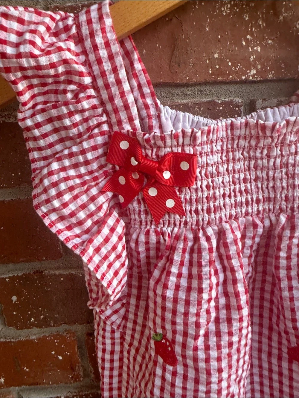 Rare Editions Red Gingham Strawberry Dress with Polka Dot Bow